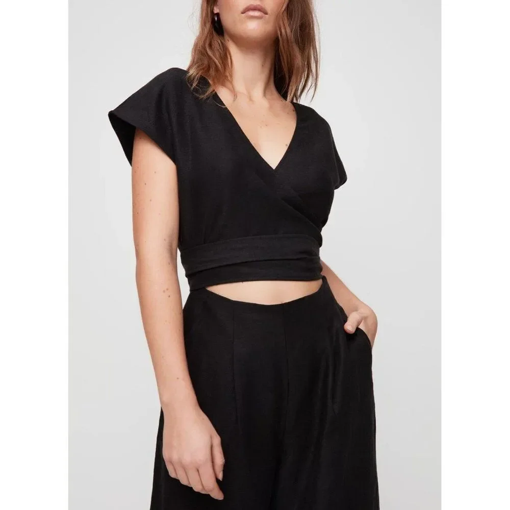 Aritzia WILFRED Brax Black Linen Lyocell Cut-Out Wrap Wide Leg Jumpsuit, Size 6 - Picture 2 of 13